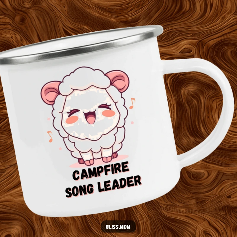 Funny Kawaii Sheep Mom Camping Mug, singing a cheerful tune with closed eyes, perfect for enjoying beverages outdoors.