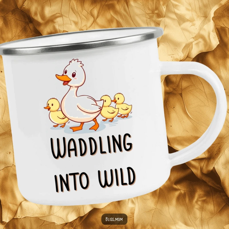 Funny camping mug: a smiling mama duck waddling with a line of ducklings following, for cheerful outdoor sips and mom moments.