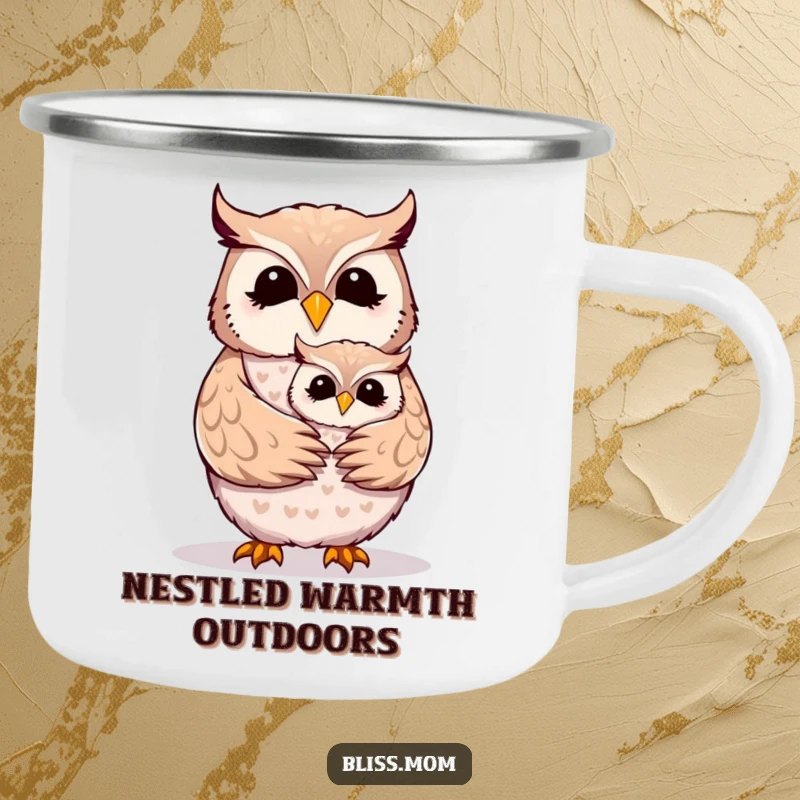 Funny Mother Owl camping mug showing a cheerful mom owl receiving a loving hug from its owlet.