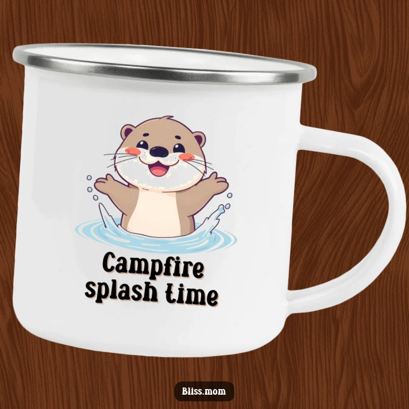 Funny camping mug featuring a happy otter splashing joyfully in water, its wide smile perfect for outdoor enthusiasts.