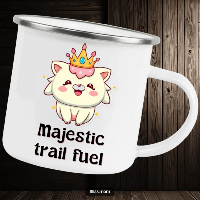 Funny Camping Mug: A happy creature with a sparkly crown enjoys the outdoors, radiating pure, unadulterated joy.