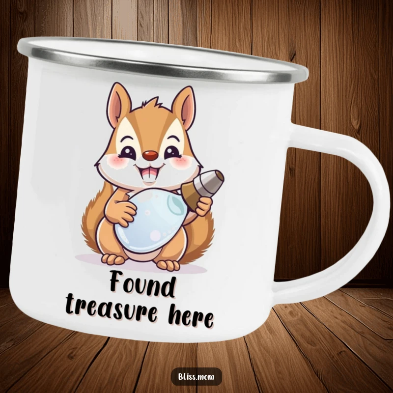 Funny squirrel mom proudly displaying a shiny recovered object on this durable and humorous camping mug.