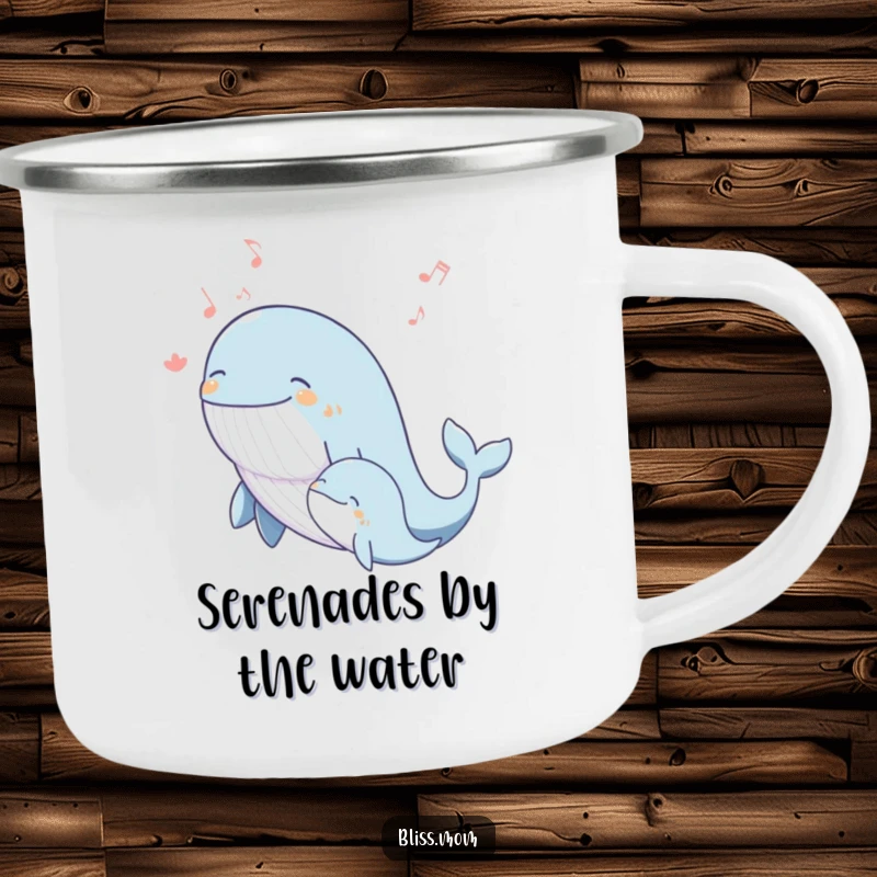 Funny whale mom camping mug featuring a blissful mother whale singing a joyous melody with her calf, for ocean lovers.