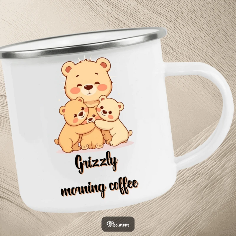 Radiating mama bear hugging her cubs on a durable camping mug, perfect for cozy outdoor moments and adventures filled with love.