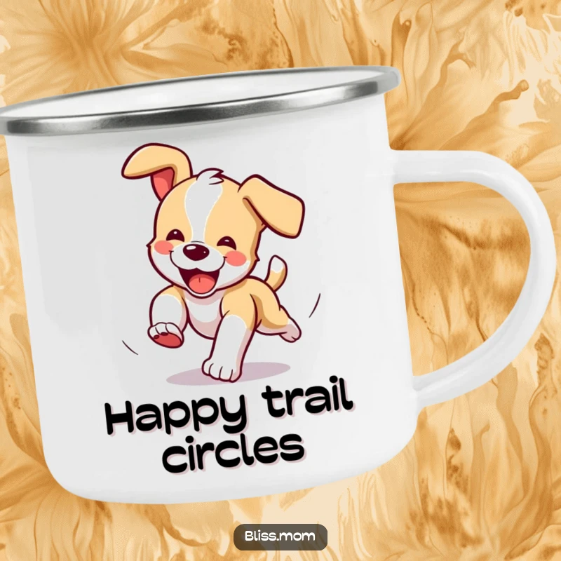 Funny Camping Mug: Puppy chasing tail in circles, ready for outdoor fun.
