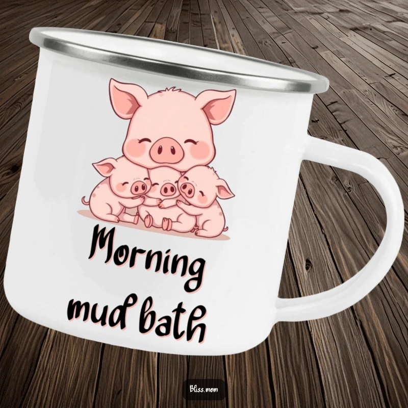 Funny Mama Pig Camping Mug, showing a content mama pig snuggling piglets, perfect for outdoor enjoyment and farmhouse charm. A great gift.
