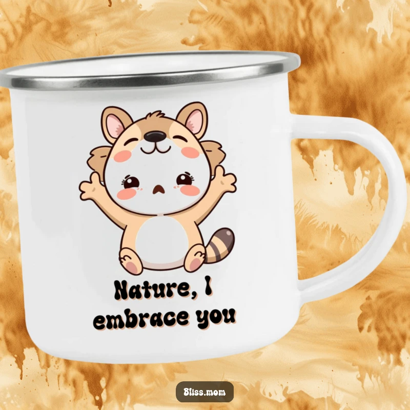 Funny camping mug showing an animal joyfully embracing the outdoors with arms spread wide, ready for adventure.