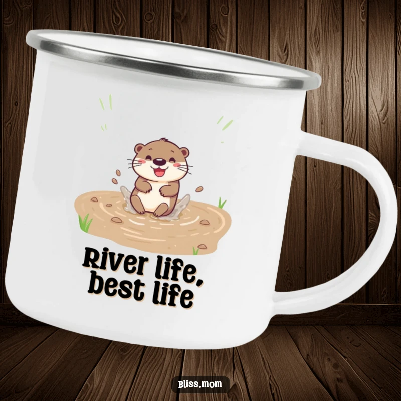 Funny enamel camping mug featuring a happy otter sliding down a muddy bank with a splash, perfect for outdoor fun.
