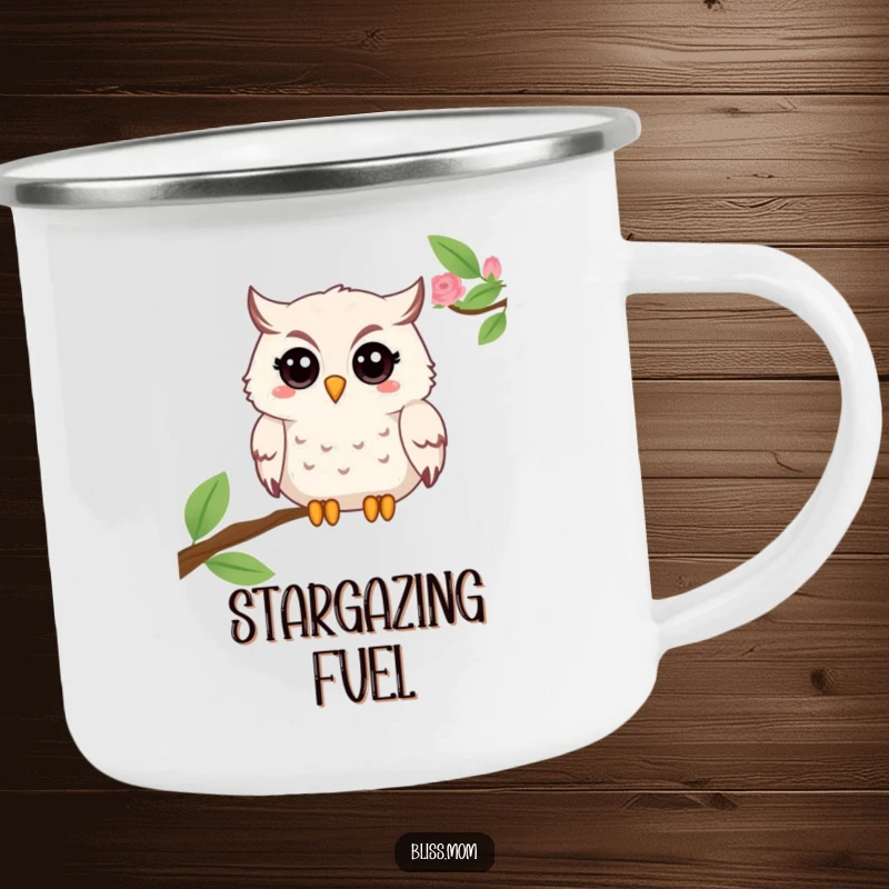 Funny Mama Owl Camping Mug, showing a beaming owl with a twinkle, perfect for outdoor enjoyment and wise observation. A great gift.