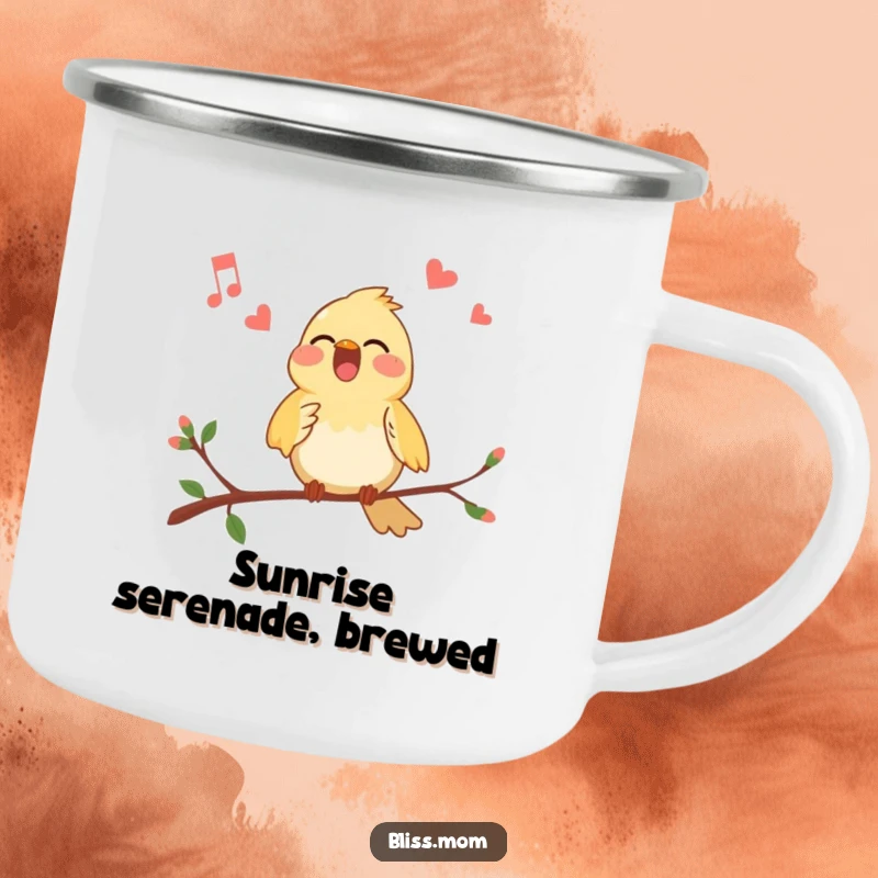 Funny Bird Camping Mug: A cheerful bird singing its heart out on a branch, ready for outdoor adventures.