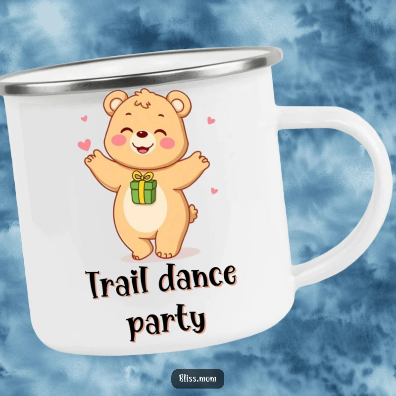 Funny camping mug showing a happy bear mom playfully dancing with a small gift, for outdoor bear lovers.