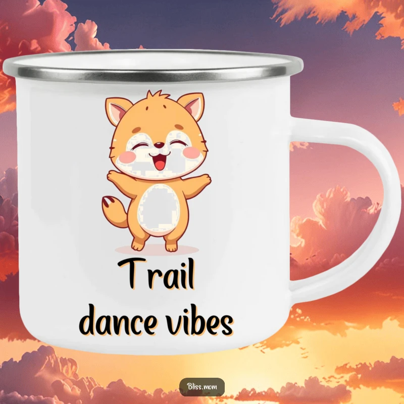 Funny animal camping mug doing a happy dance with closed eyes, ideal for outdoor enjoyment and cheerful trips.