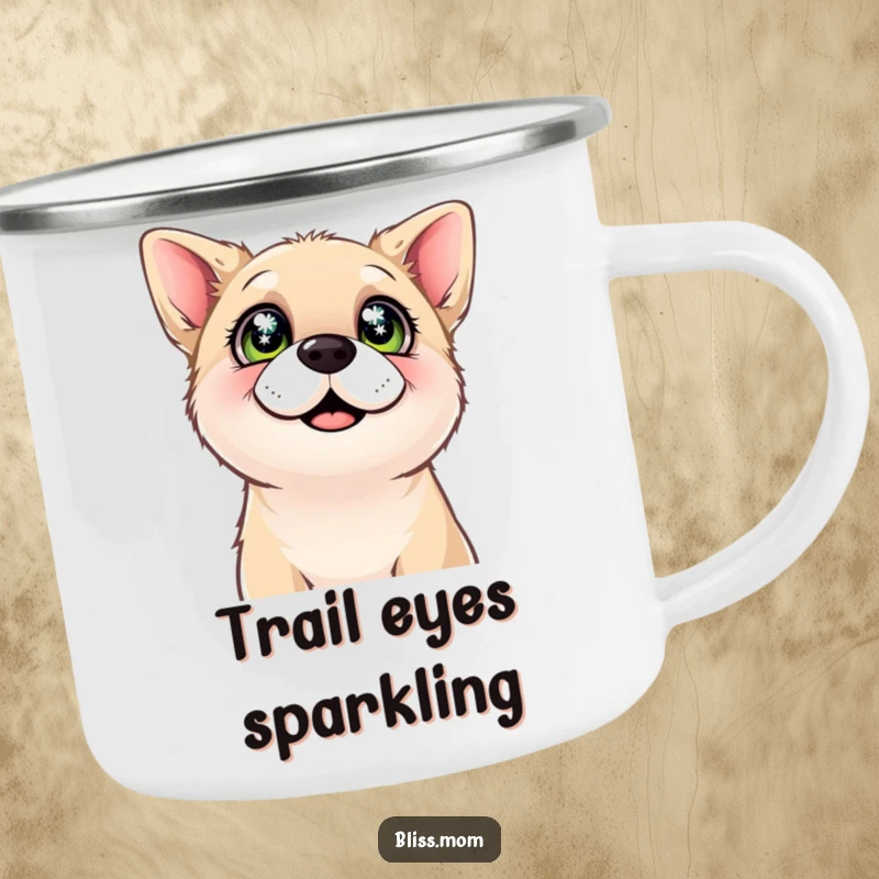 Funny camping mug featuring a content dog looking upwards with sparkling eyes, ideal for dog lovers on outdoor adventures.