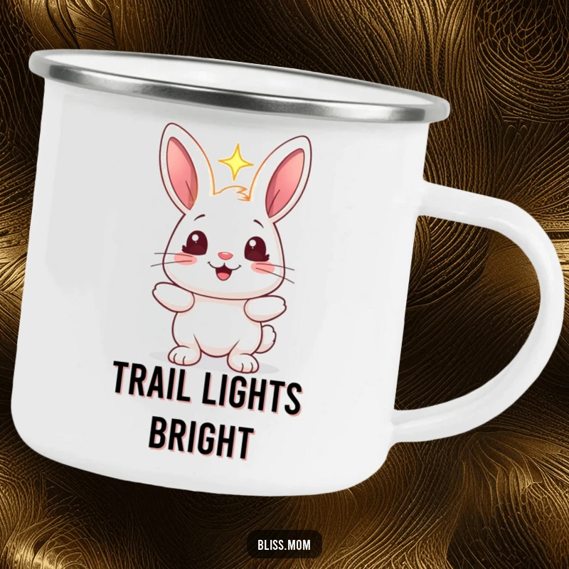 Funny rabbit camping mug showing a cheerful bunny holding a glowing light, its eyes sparkling, perfect for outdoor adventures.