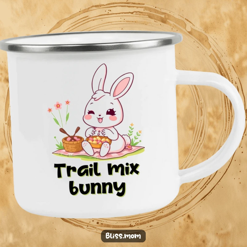Funny Kawaii Bunny Mom Camping Mug: A bunny mom smiles radiantly at a picnic. Built for adventure, this mug offers humorous bunny charm outdoors.