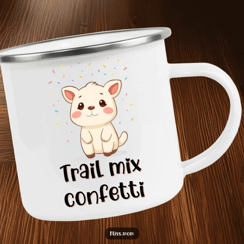 Funny animal camping mug showering in confetti, perfect for outdoor enjoyment and adding festive cheer to trips.