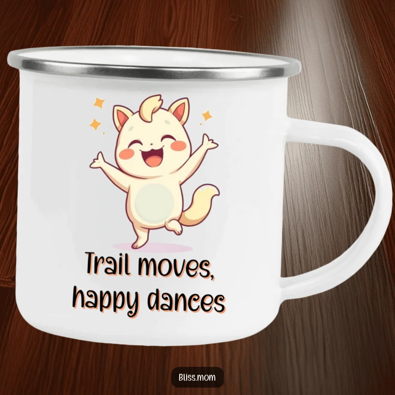 Funny camping mug featuring a cheerful creature dancing joyfully by a campfire, embodying outdoor celebration vibes.