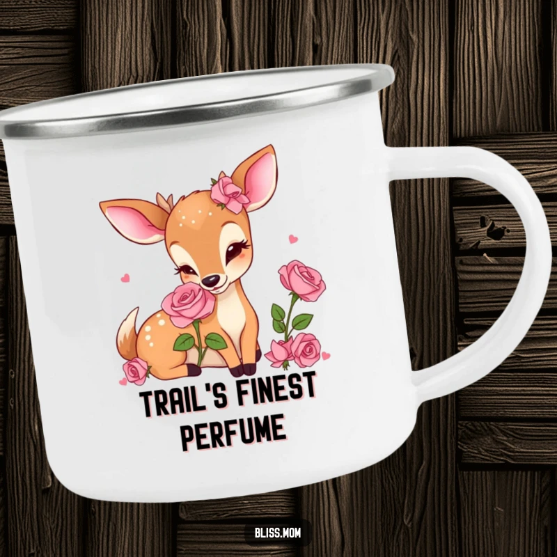 Funny Kawaii Deer Mom Camping Mug, delightedly smelling a rose during an outdoor adventure, perfect for cozy sips.