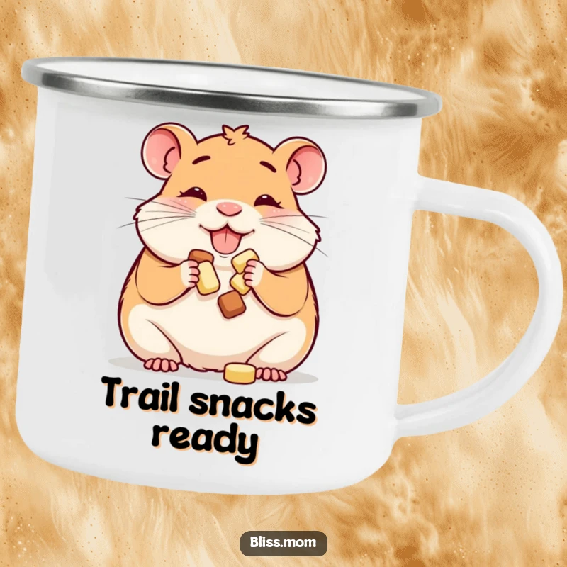 Funny camping mug: a happy hamster mom happily stuffing her cheeks with treats, for cheerful outdoor sips and snack enjoyment.