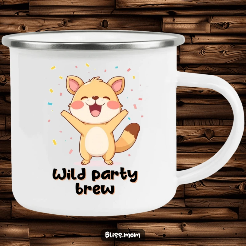 Funny Camping Mug: A happy animal joyfully tosses confetti with a wide grin, perfect for celebrating outdoors.