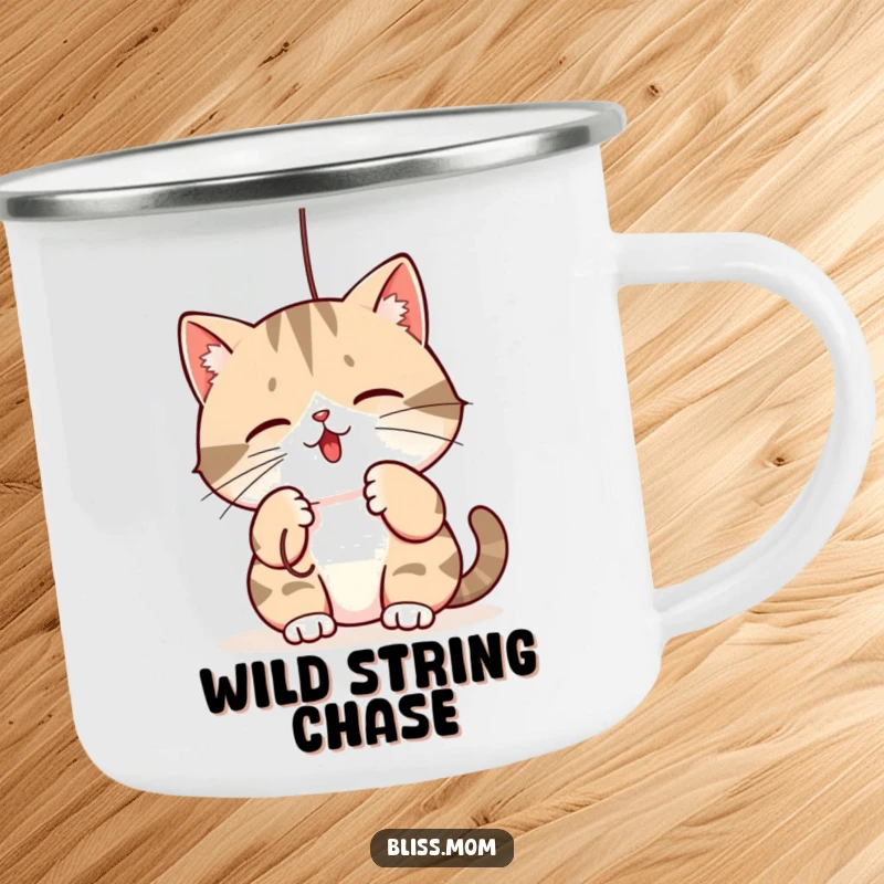 Funny camping mug: a kawaii mama cat playfully batting at a dangling string, for cheerful outdoor sips with a feline touch.