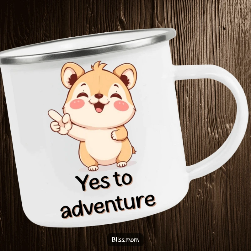 Funny Camping Mug: A joyful animal beams while holding a YES sign, perfect for outdoor sipping with enthusiasm.