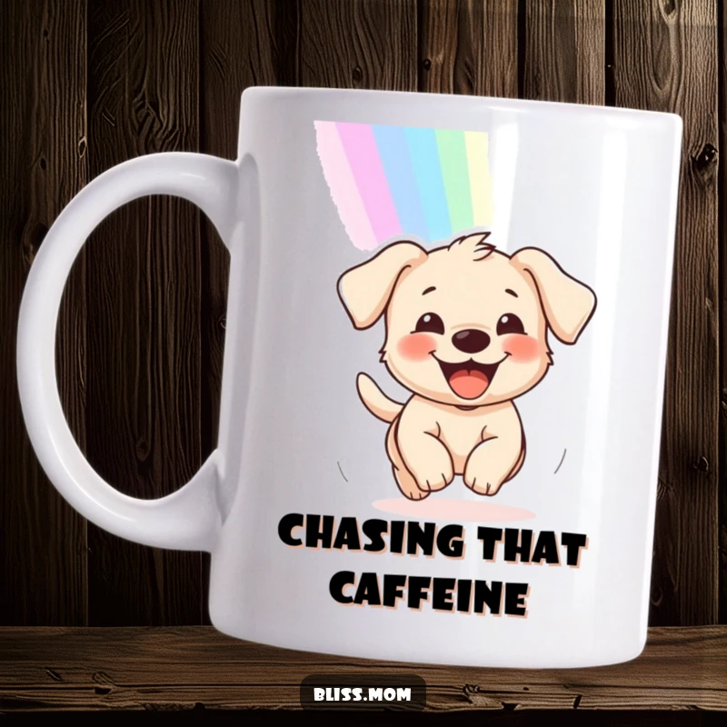 Funny mug featuring a delighted puppy with a wide grin, enthusiastically chasing a vibrant rainbow across the sky.