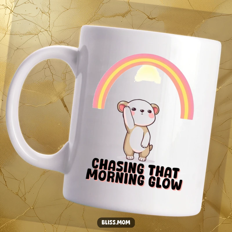 Funny mug featuring a joyful animal reaching up towards a bright, vibrant rainbow, symbolizing hope and aspiration, a delightful gift.