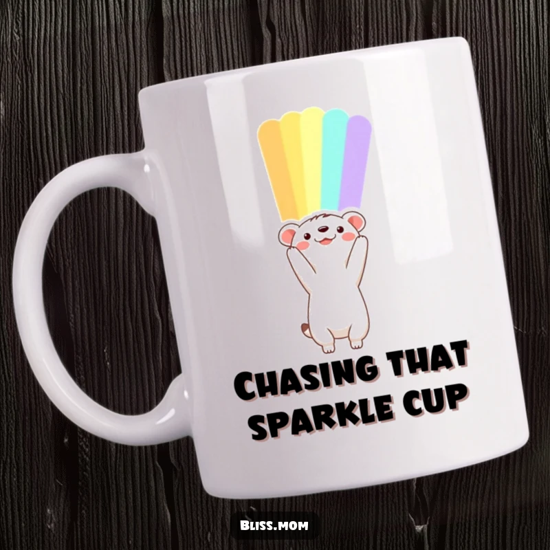 Funny animal mug reaching towards a vibrant rainbow, symbolizing hope, dreams, and a touch of whimsical magic.