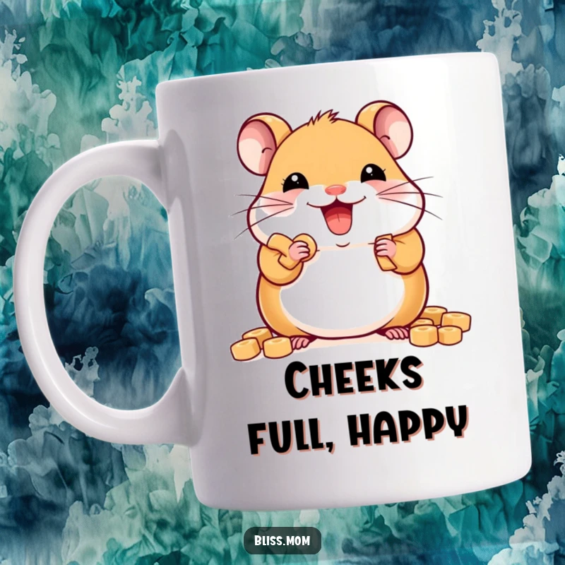 Funny delighted kawaii hamster stuffing its cheeks with treats, cute rodent joy, perfect funny gift for snack lovers.