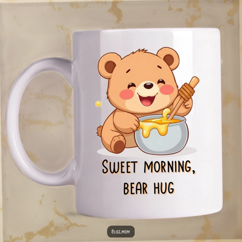 Funny Bear Cub Mug: A smiling cub eagerly reaching for a pot of golden honey with pure delight.