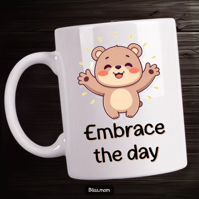 Funny bear mug featuring a smiling bear with open arms, embracing a warm, glowing aura of positive energy and gentle kindness.