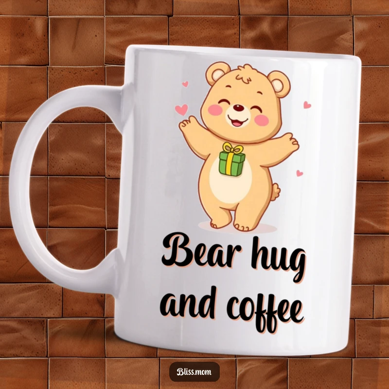 Funny mug featuring a happy bear mom playfully dancing with a small gift, radiating joy and affection.