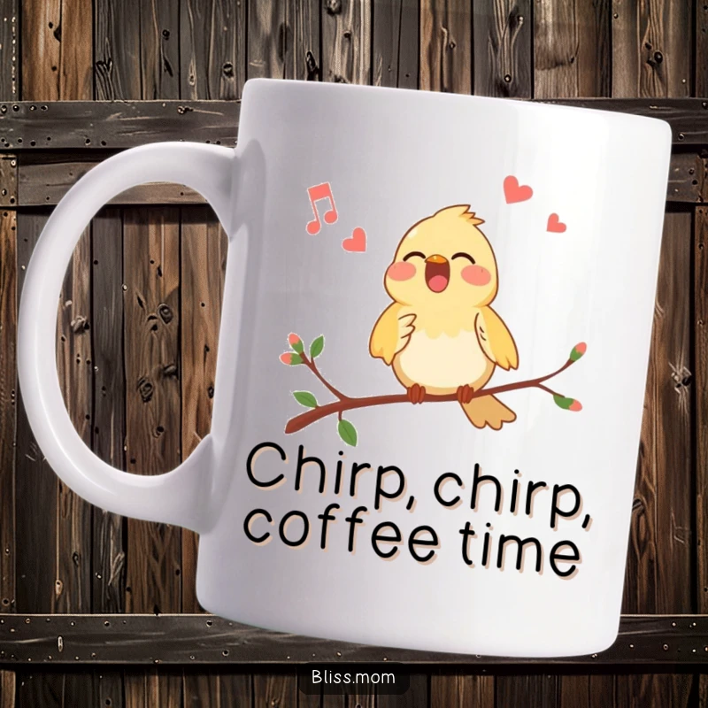Funny Bird Mug: A cheerful bird perched on a branch, singing its heart out with pure happiness.