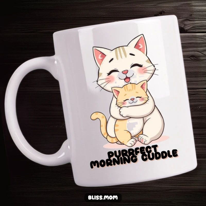 Funny mug showing a smiling cat mom getting a huge hug from her adorable kitten, full of love and joy.