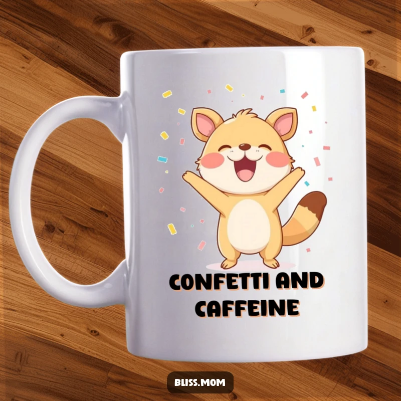 Funny Mug: A happy animal joyfully tosses colorful confetti with a wide, infectious grin, celebrating with pure delight.