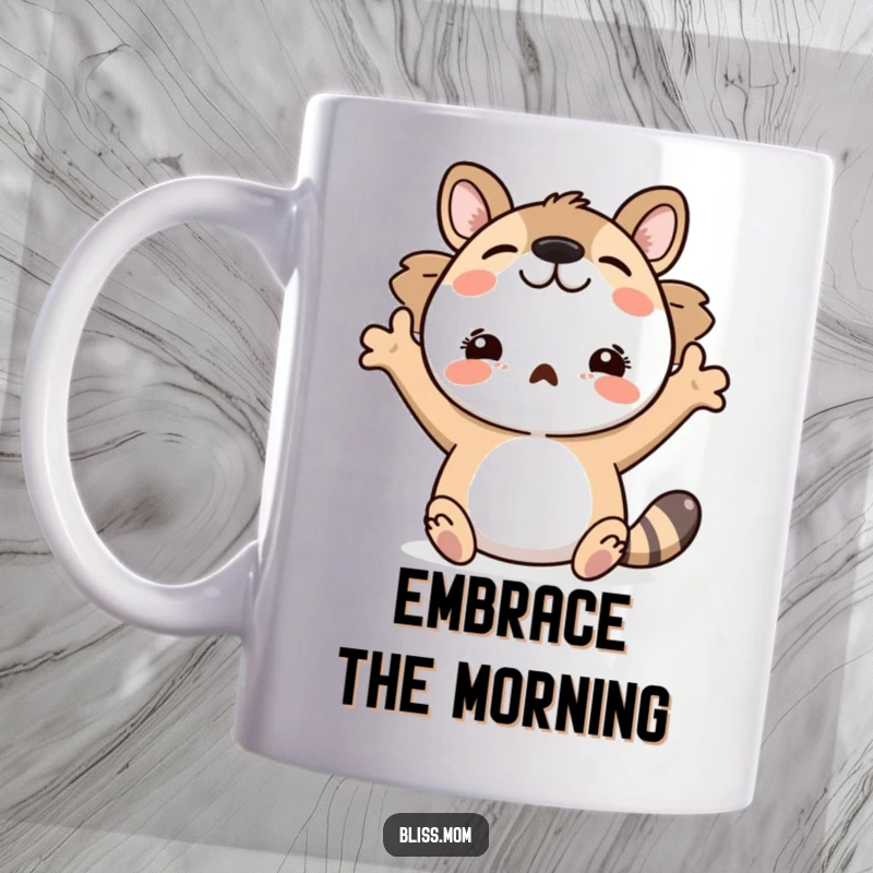 Funny mug depicting a happy animal with arms spread wide in a gesture of uninhibited delight and welcoming embrace.