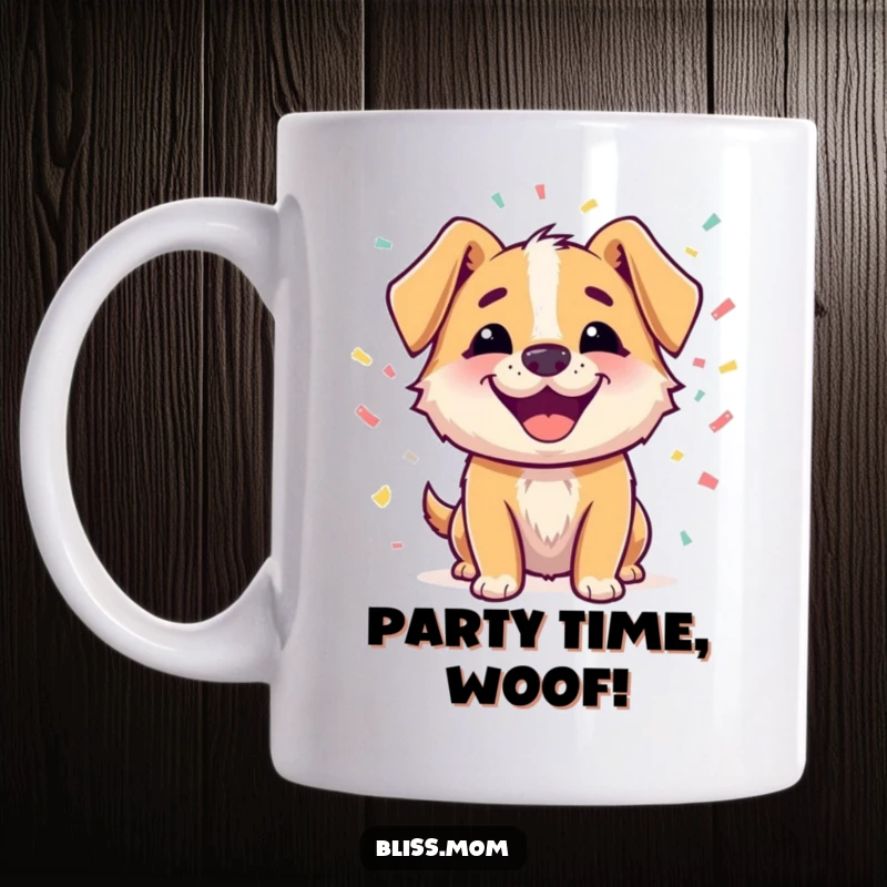 Funny mug with a happy dog character with a beaming smile, surrounded by colorful confetti, conveying pure joy and celebration.