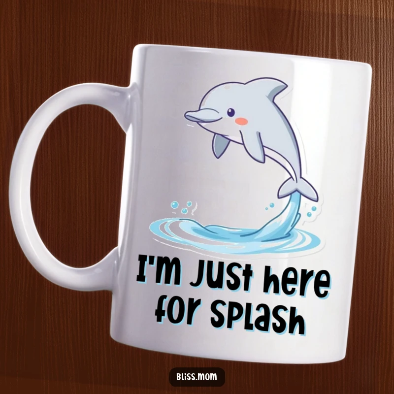 Funny mug featuring a gleeful kawaii dolphin mid-leap, water splashing, conveying pure, unadulterated joy and aquatic fun.