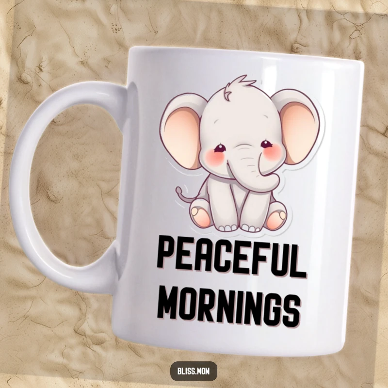 Funny elephant mug featuring a happy elephant with a peaceful expression, surrounded by soft, calming hues, symbolizing tranquility and gentle wisdom.