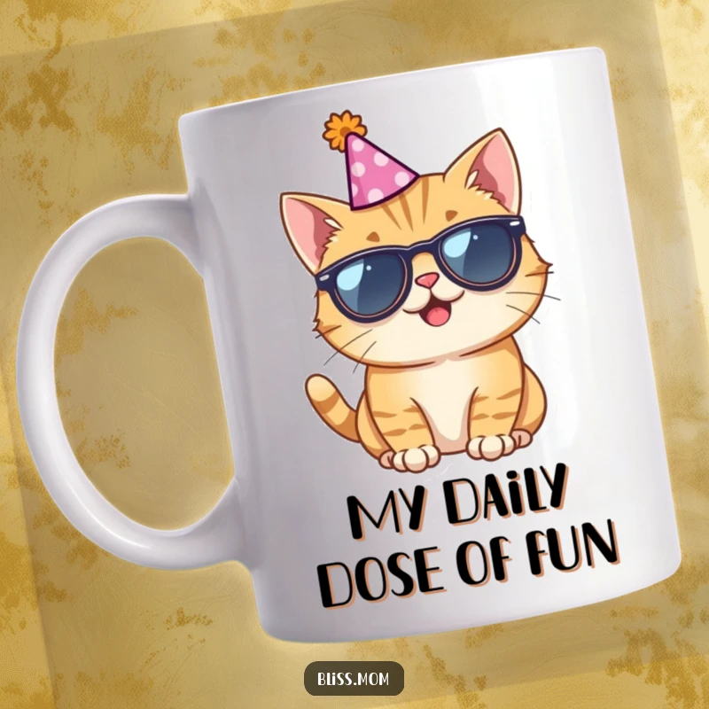 Funny mug featuring a giggling cat wearing tiny sunglasses and a festive party hat, exuding pure joy and mischief.