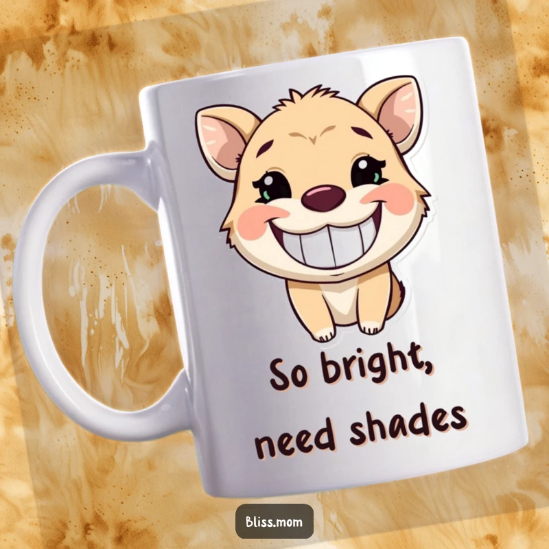Funny mug showcasing an animal with a huge, glowing, infectious grin, radiating pure happiness and positive energy.