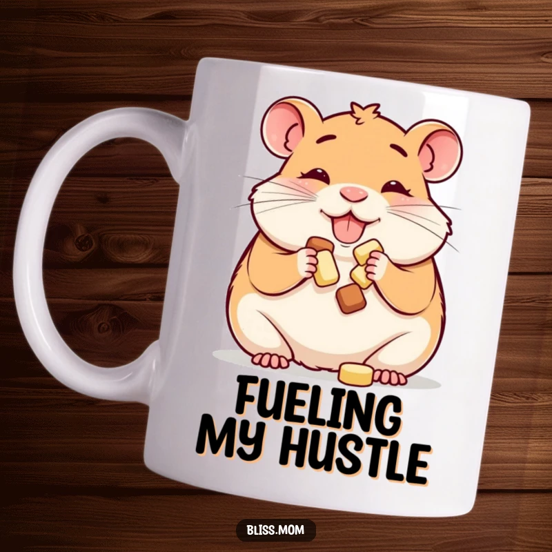 Funny mug: a happy hamster mom happily stuffing her cheeks with tasty treats, showcasing her love for snacks.
