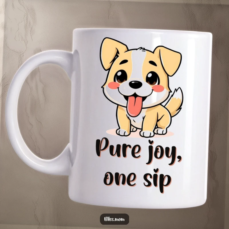 Funny Dog Mug: A happy, tongue-out dog wagging its tail furiously, radiating pure joy and excitement for dog lovers.