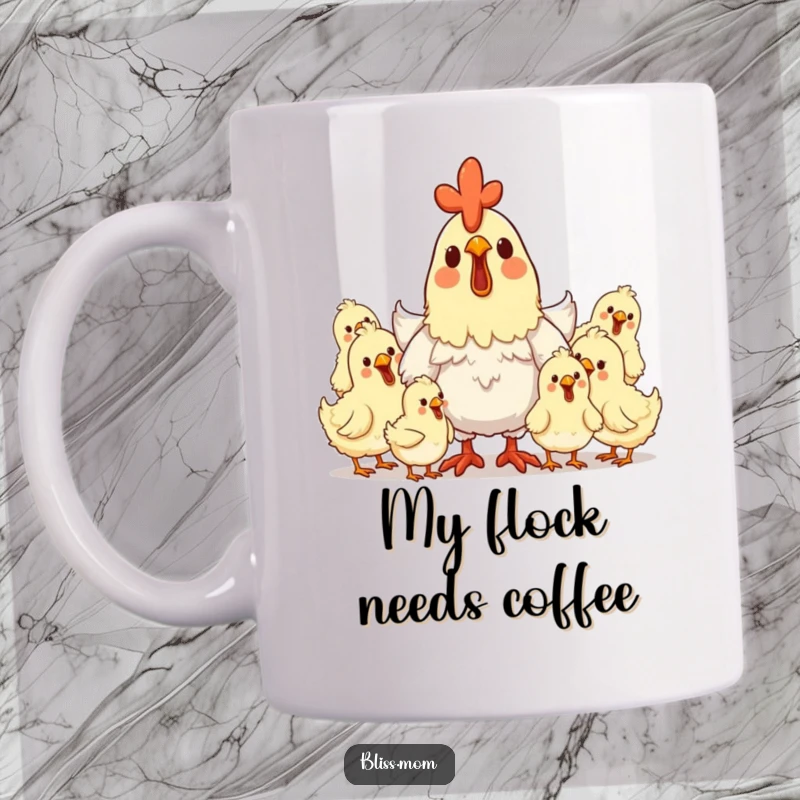 Funny hen mom mug featuring a delighted mother hen surrounded by clucking, happy chicks, embodying maternal care.