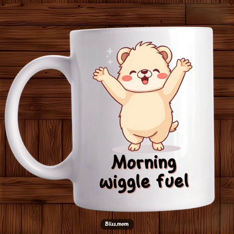 Funny Mug: A fluffy animal with arms in the air joyfully dances a happy jig, radiating pure unadulterated fun.
