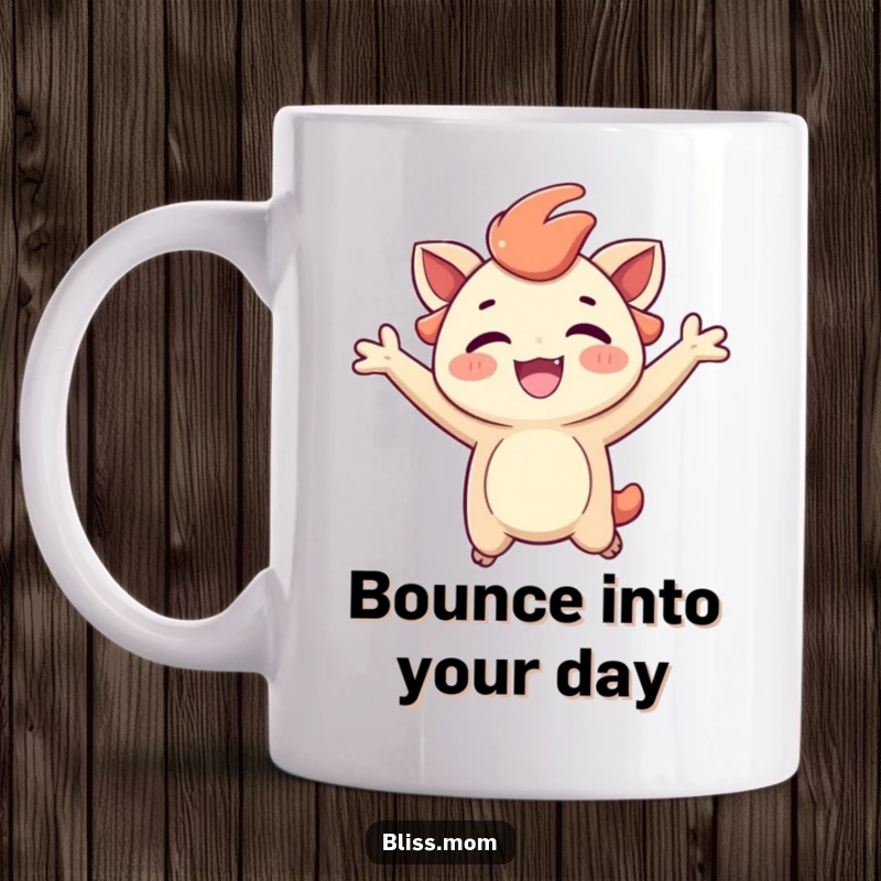 Funny mug showcasing a delighted creature mid-jump, expressing pure, carefree joy with a radiant, happy expression.
