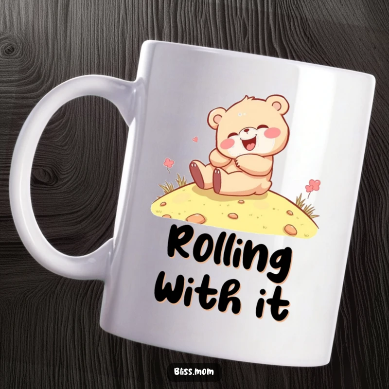 Funny kawaii bear cub giggling uncontrollably while rolling down a grassy hill, depicted on a ceramic mug, radiating pure delight.