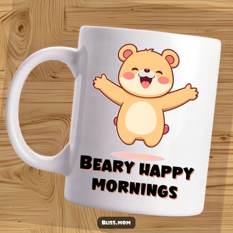 Funny Kawaii Bear Mom Mug: A happy bear mom joyfully jumps with arms wide open. Expressing pure, unrestrained bear-like happiness.