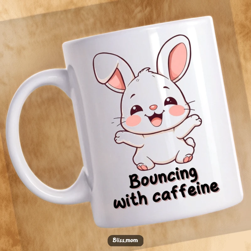 Funny joyful kawaii bunny with floppy ears bouncing excitedly, cute rabbit energy, perfect funny gift for bunny enthusiasts.